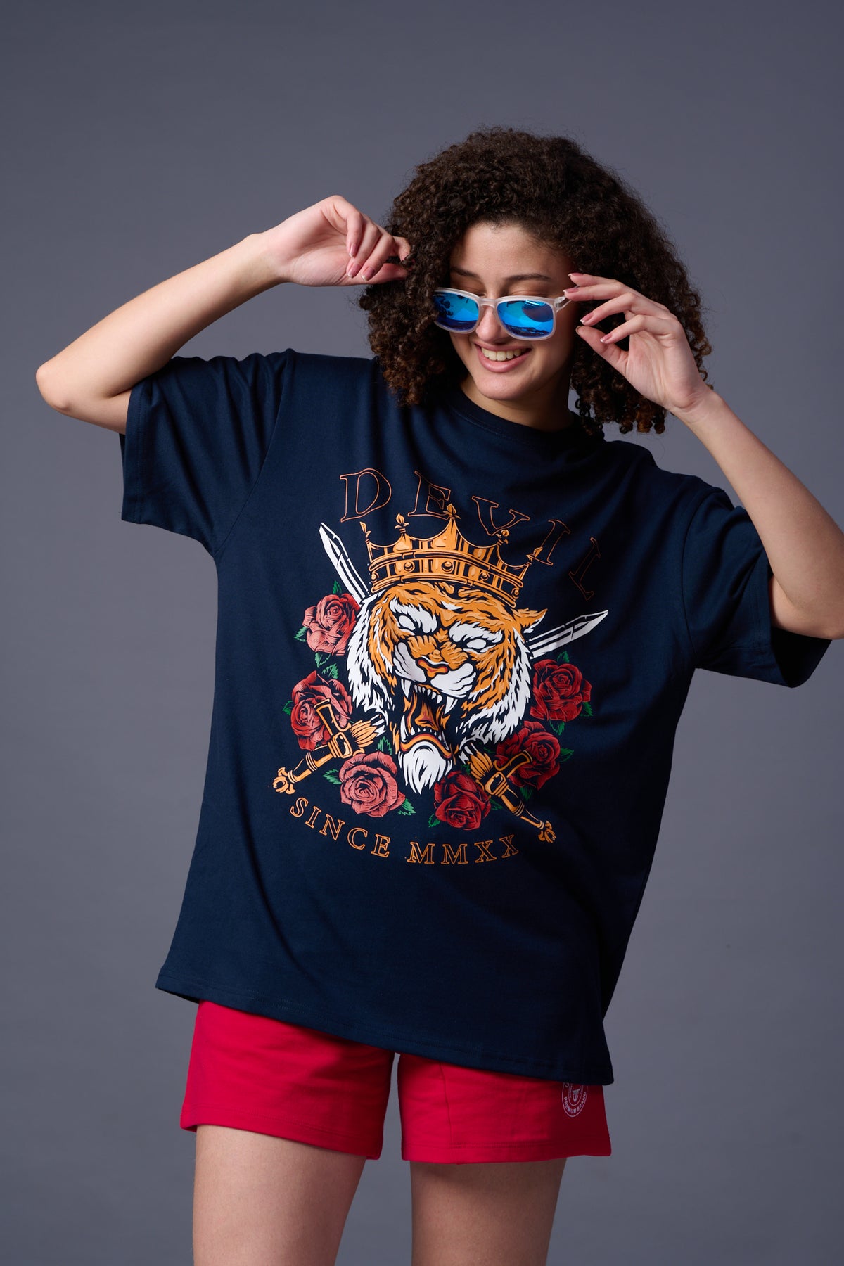 King Tiger Printed Navy Blue Oversized T-Shirt for Women