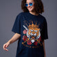 King Tiger Printed Navy Blue Oversized T-Shirt for Women