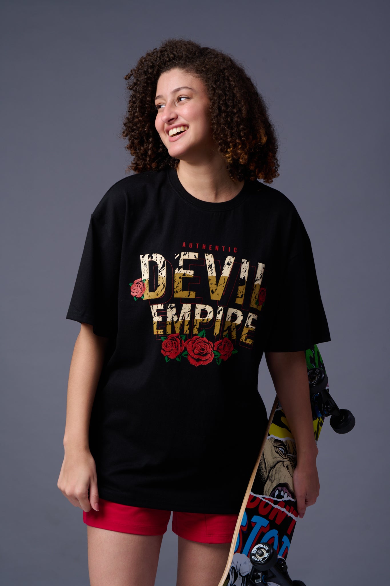 Devil Empire Printed Black Oversized T-Shirt for Women