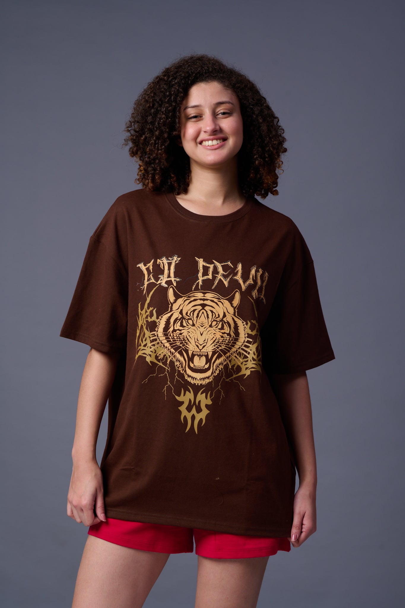 Tiger Printed Chocolate Oversized T-Shirt for Women