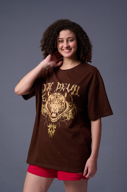 Tiger Printed Chocolate Oversized T-Shirt for Women