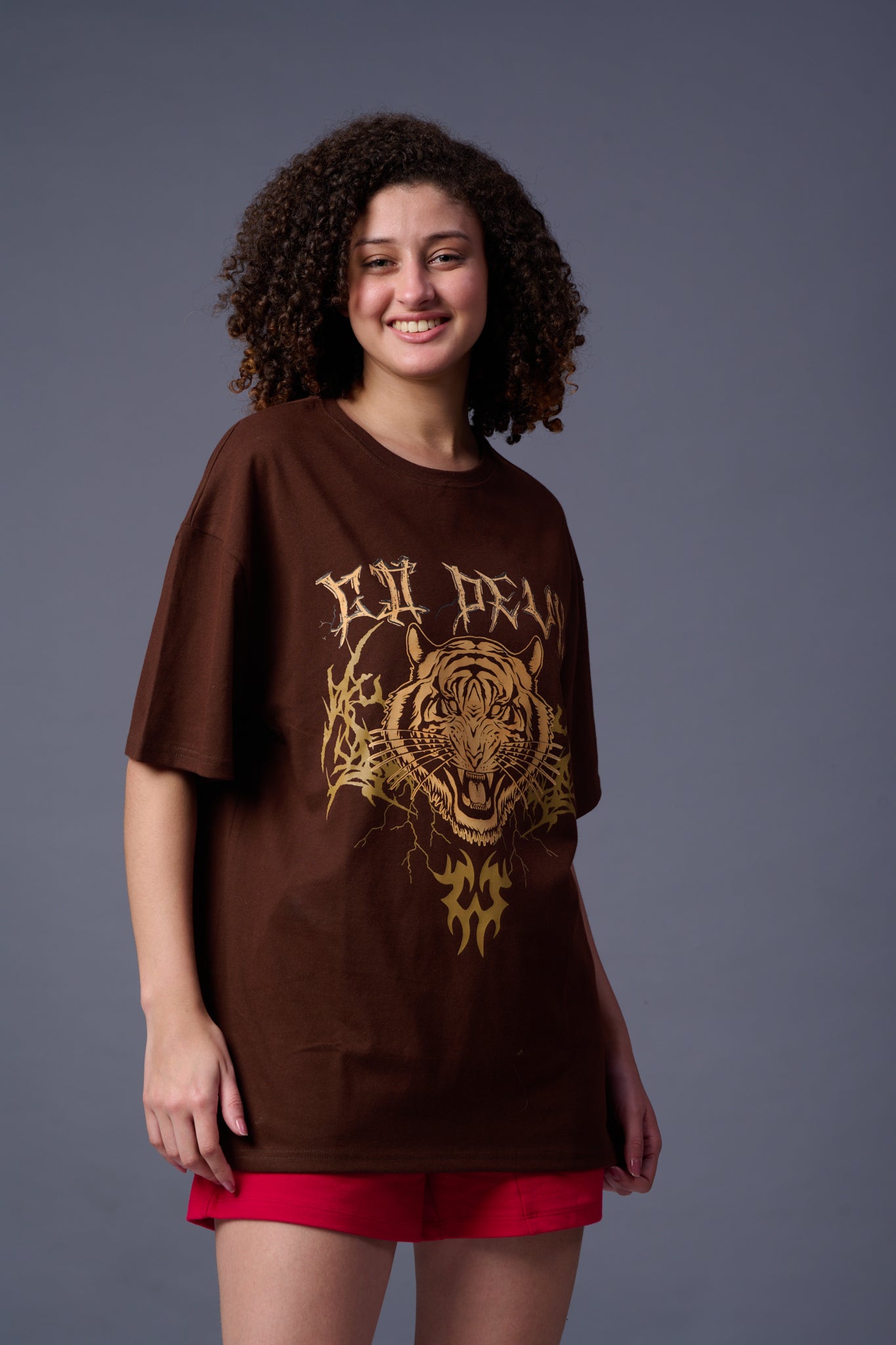 Tiger Printed Chocolate Oversized T-Shirt for Women