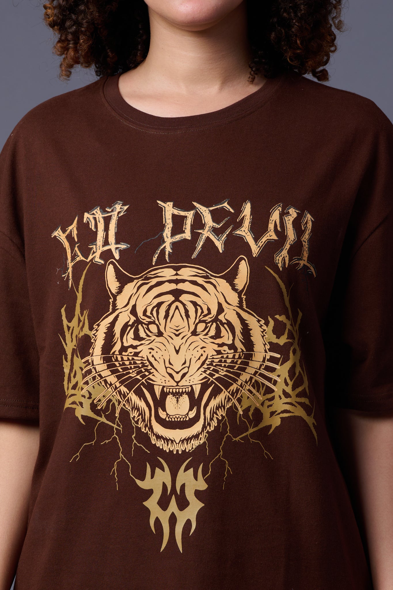 Tiger Printed Chocolate Oversized T-Shirt for Women