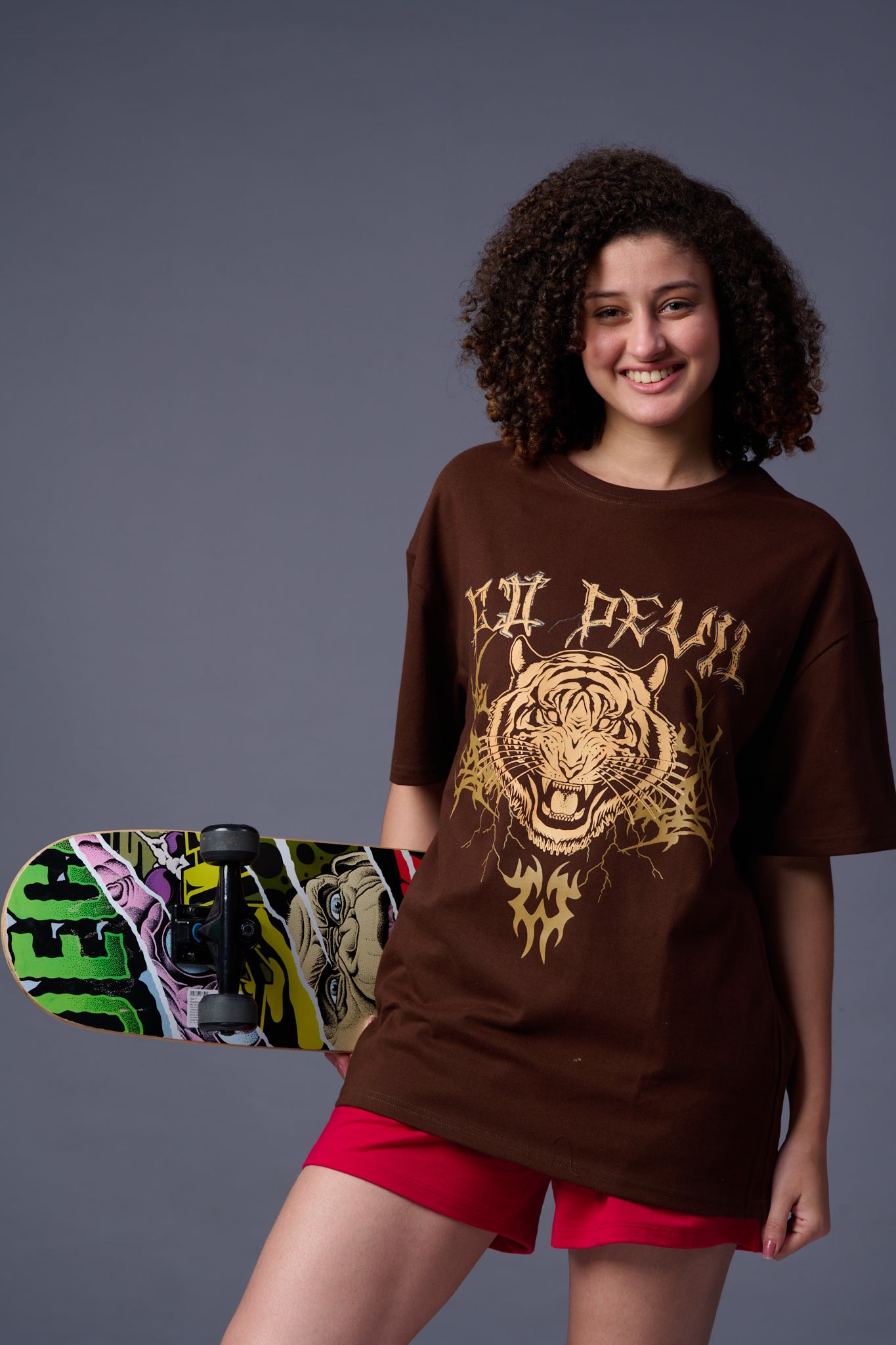 Tiger Printed Chocolate Oversized T-Shirt for Women