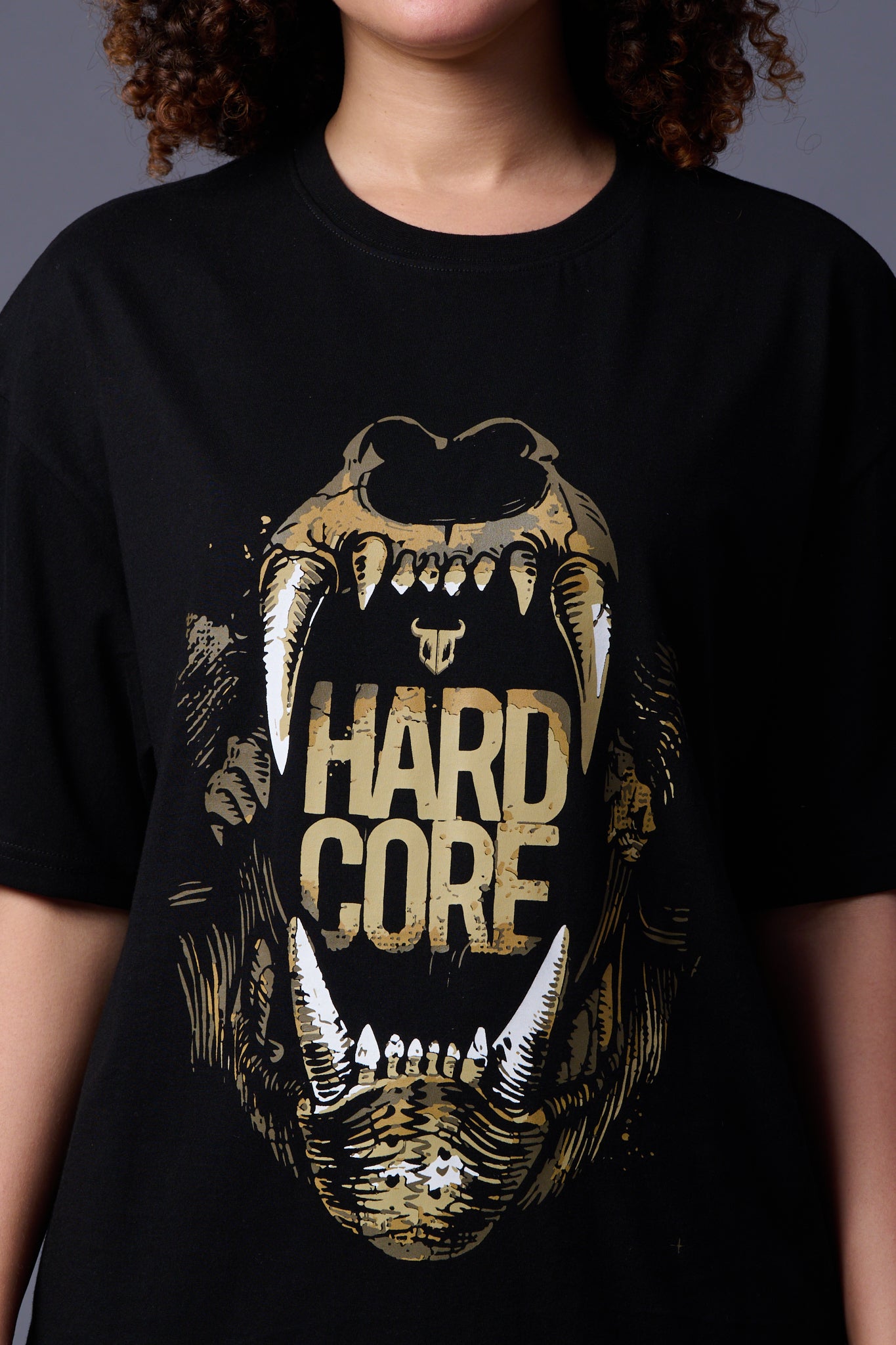 Hard Core Printed Black Oversized T-Shirt for Women