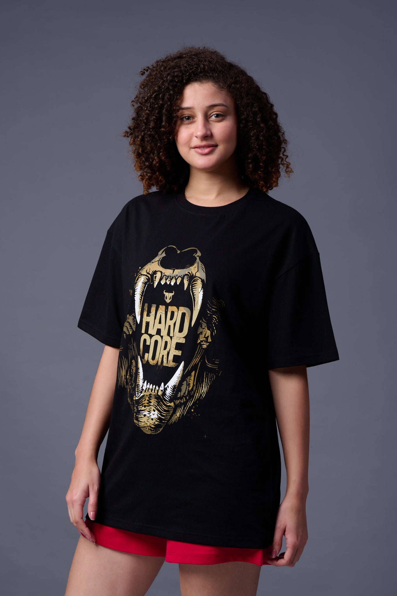 Hard Core Printed Black Oversized T-Shirt for Women