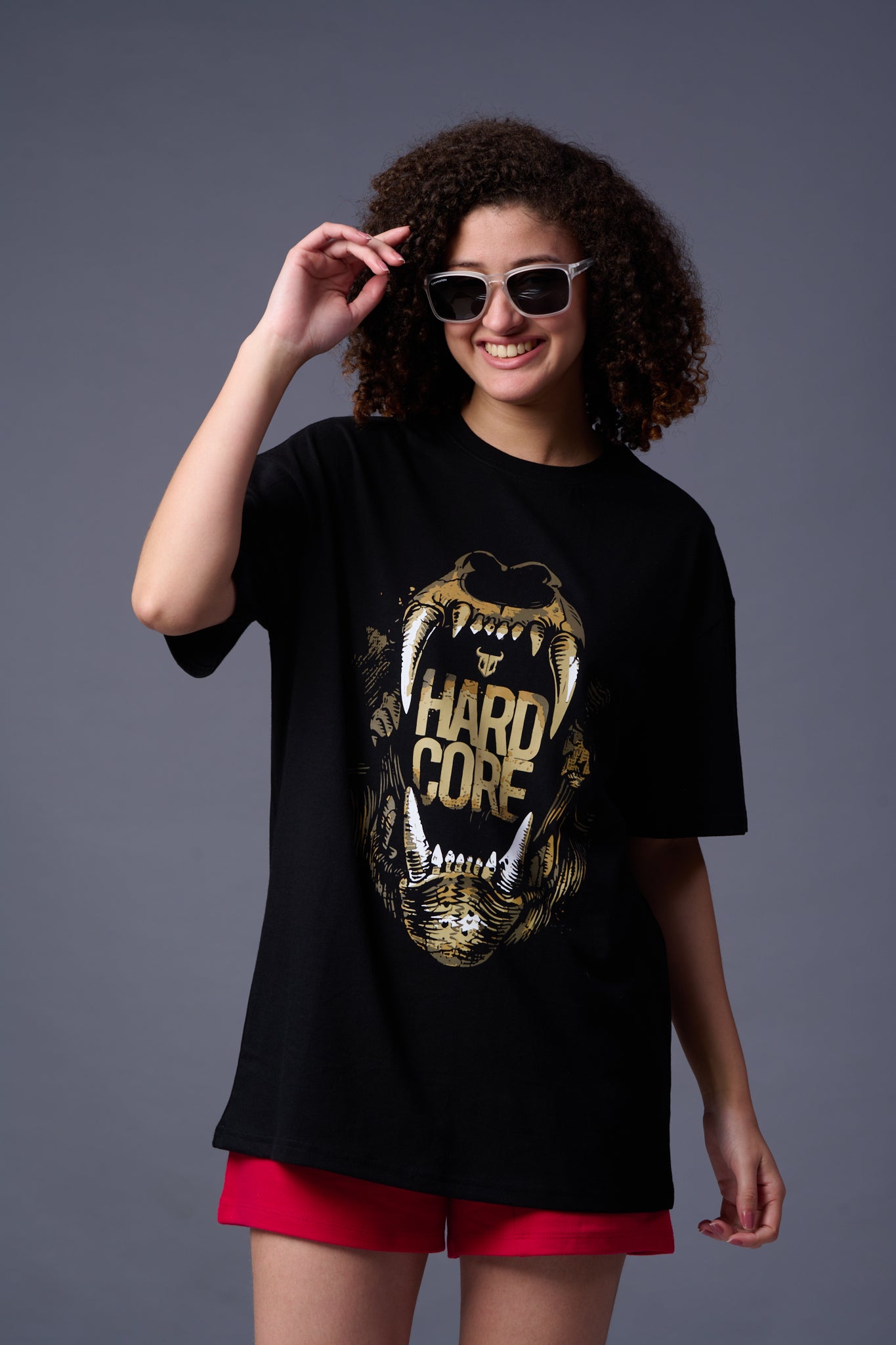 Hard Core Printed Black Oversized T-Shirt for Women