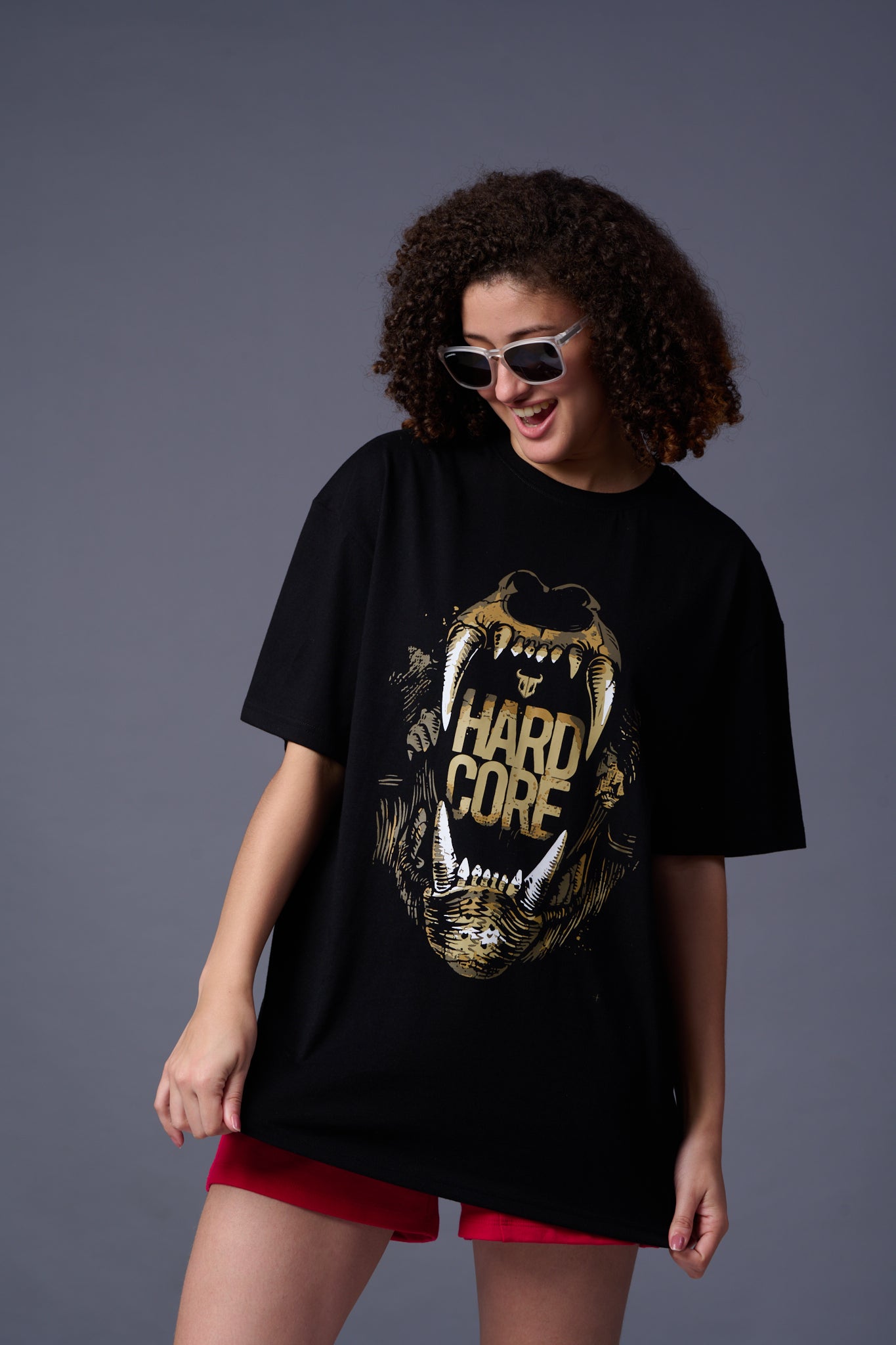 Hard Core Printed Black Oversized T-Shirt for Women