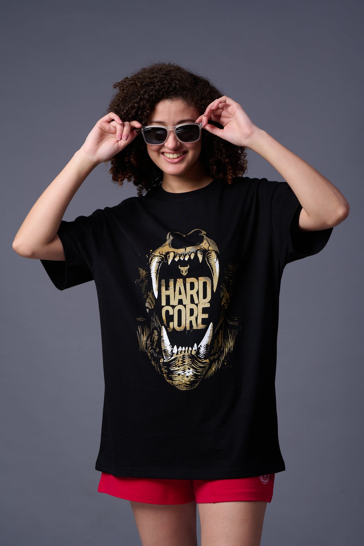 Hard Core Printed Black Oversized T-Shirt for Women