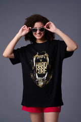 Hard Core Printed Black Oversized T-Shirt for Women