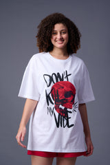 Skull With Don't Kill My Vibe Printed White Oversized T-Shirt for Women