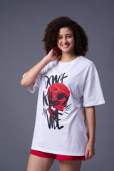 Skull With Don't Kill My Vibe Printed White Oversized T-Shirt for Women