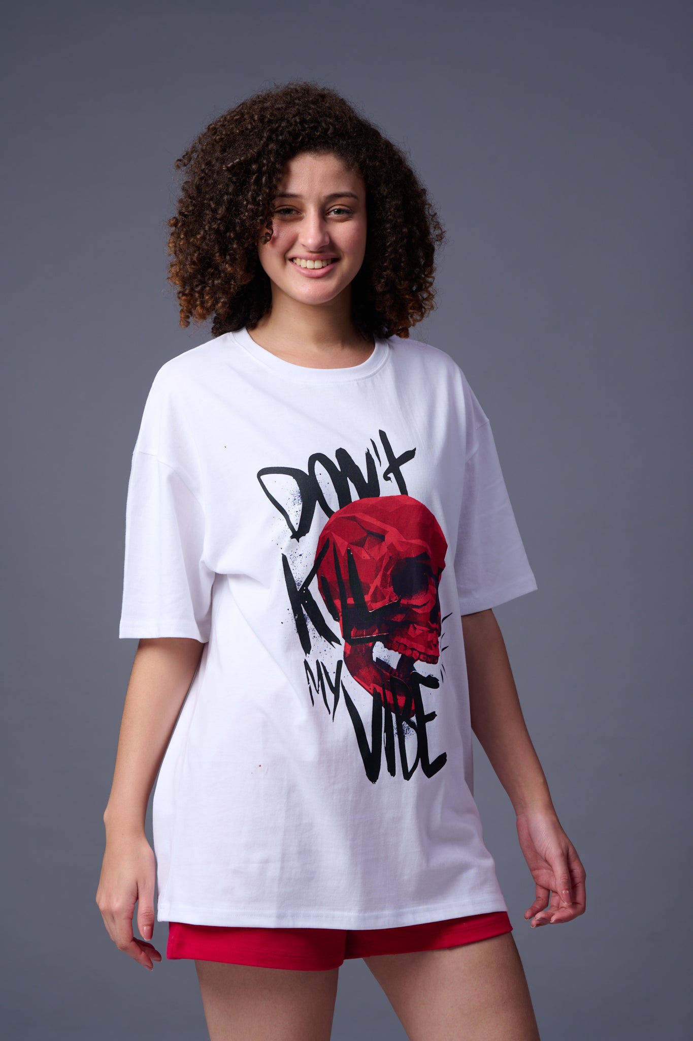 Skull With Don't Kill My Vibe Printed White Oversized T-Shirt for Women
