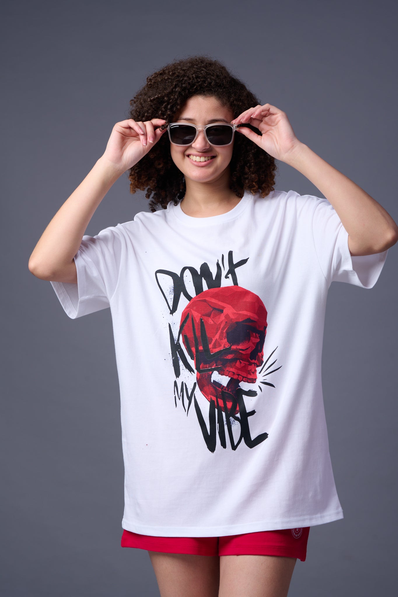 Skull With Don't Kill My Vibe Printed White Oversized T-Shirt for Women