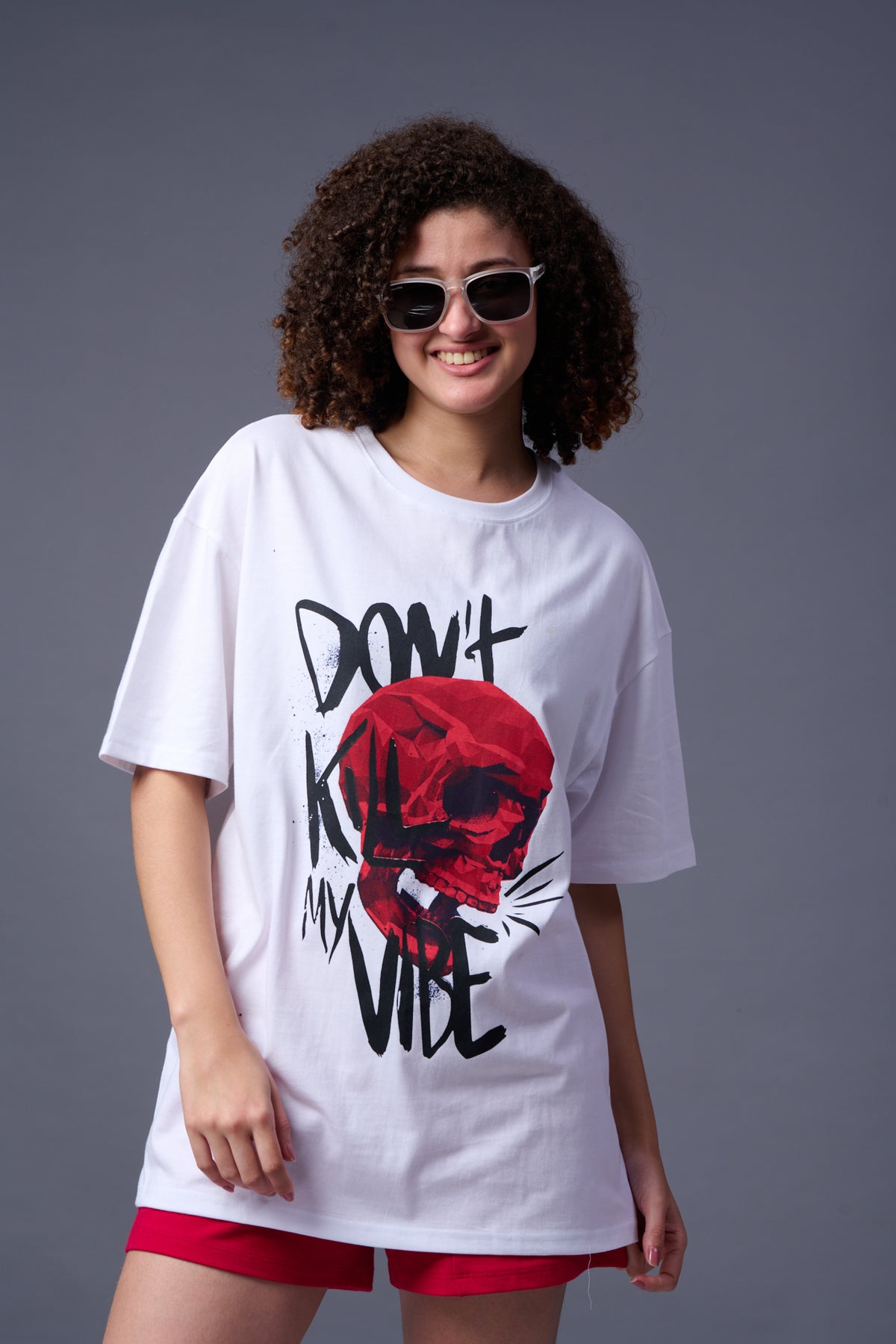 Skull With Don't Kill My Vibe Printed White Oversized T-Shirt for Women