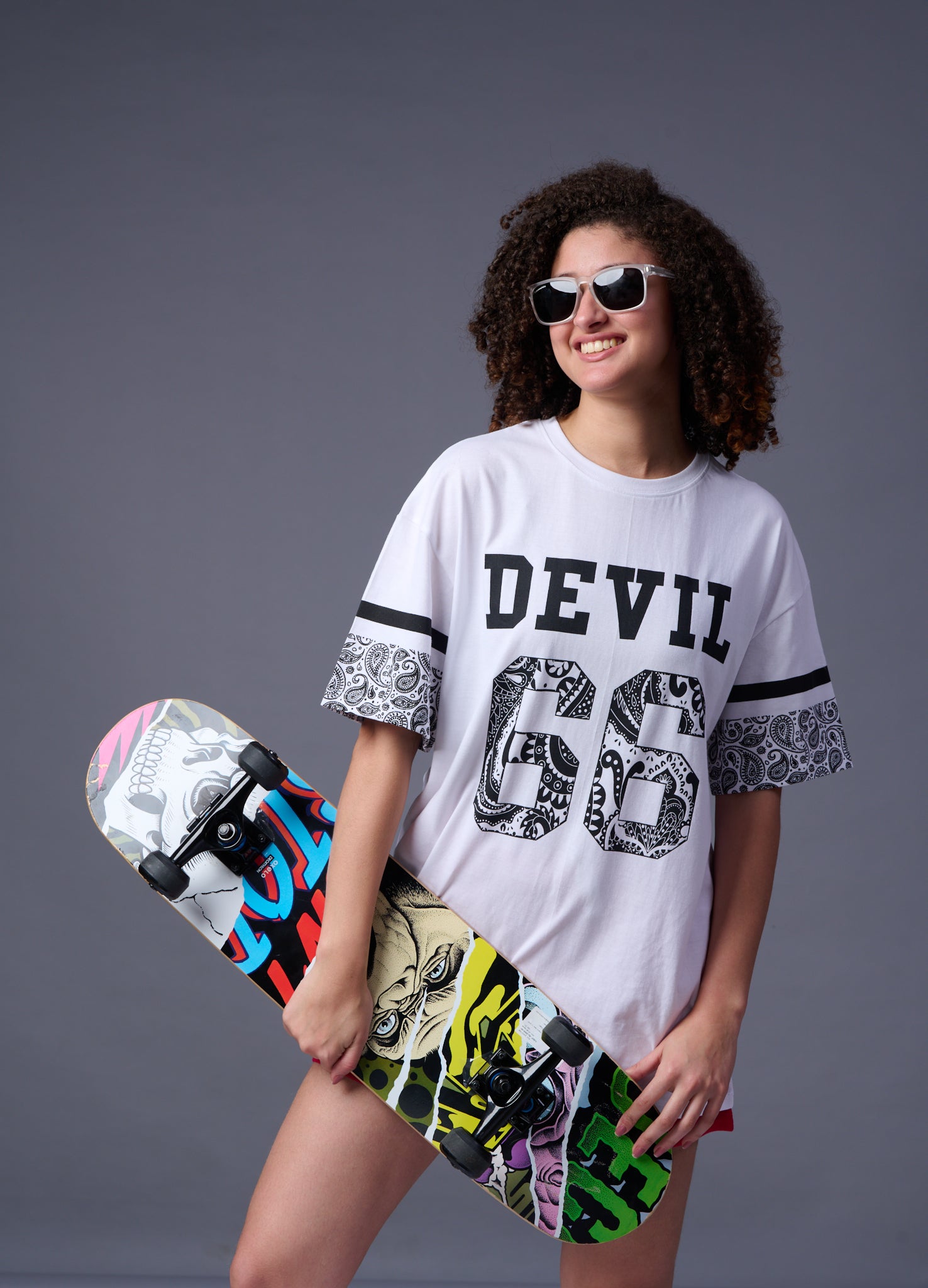 Go Devil 66 Printed White Paisley Print Oversized T-Shirt for Women