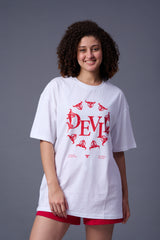 Devil Stamp (in Red) Printed White Oversized T-Shirt for Women