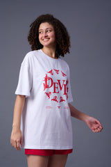 Devil Stamp (in Red) Printed White Oversized T-Shirt for Women