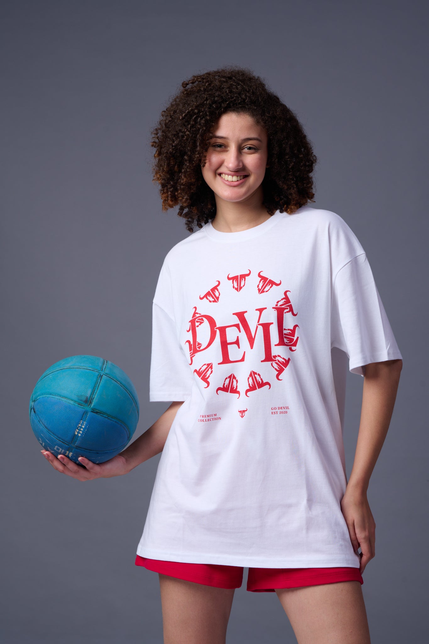 Devil Stamp (in Red) Printed White Oversized T-Shirt for Women