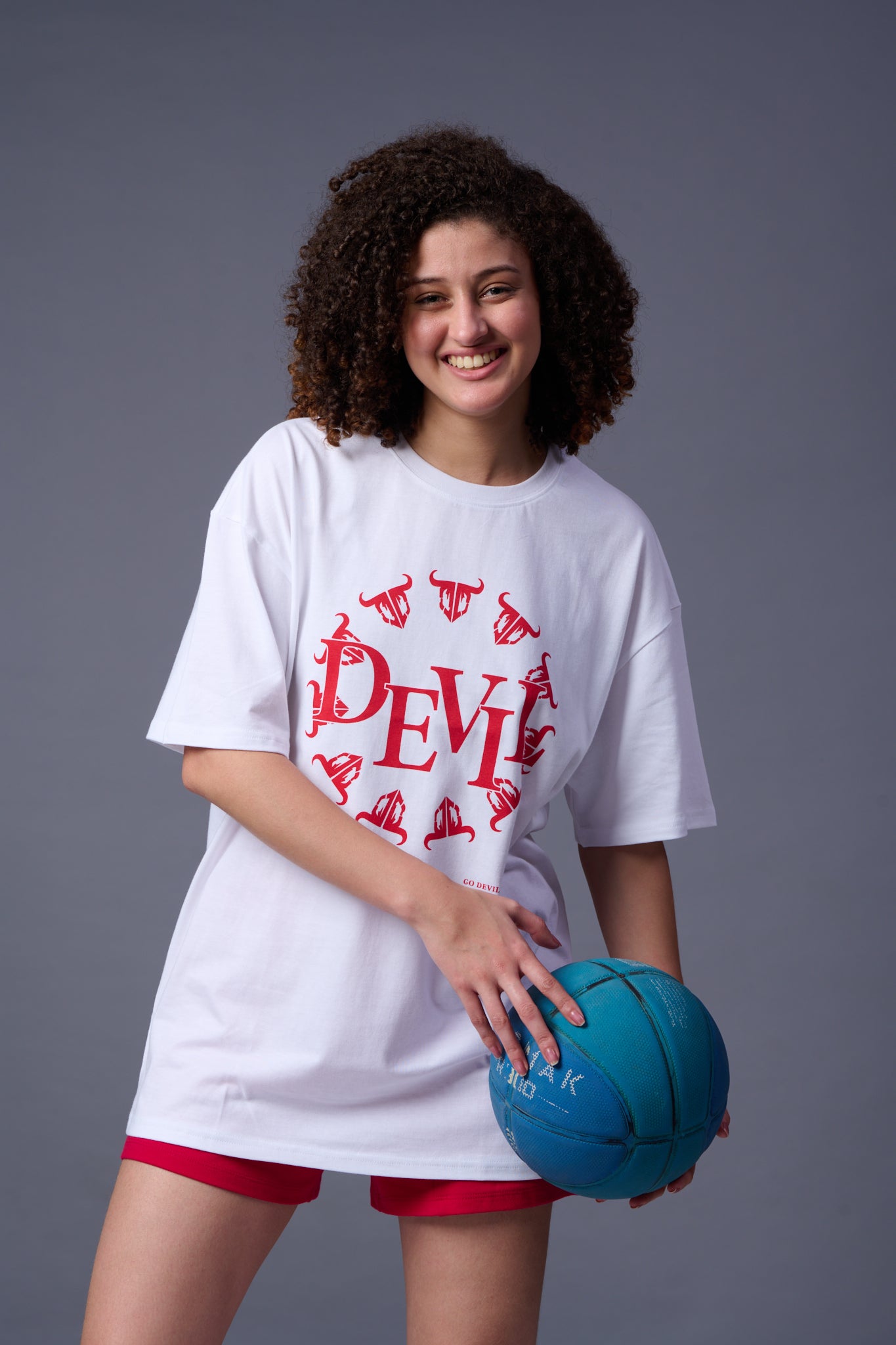 Devil Stamp (in Red) Printed White Oversized T-Shirt for Women