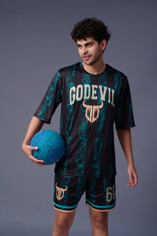 Go Devil Printed all over Black and Green Co-ord Set for Men 1365