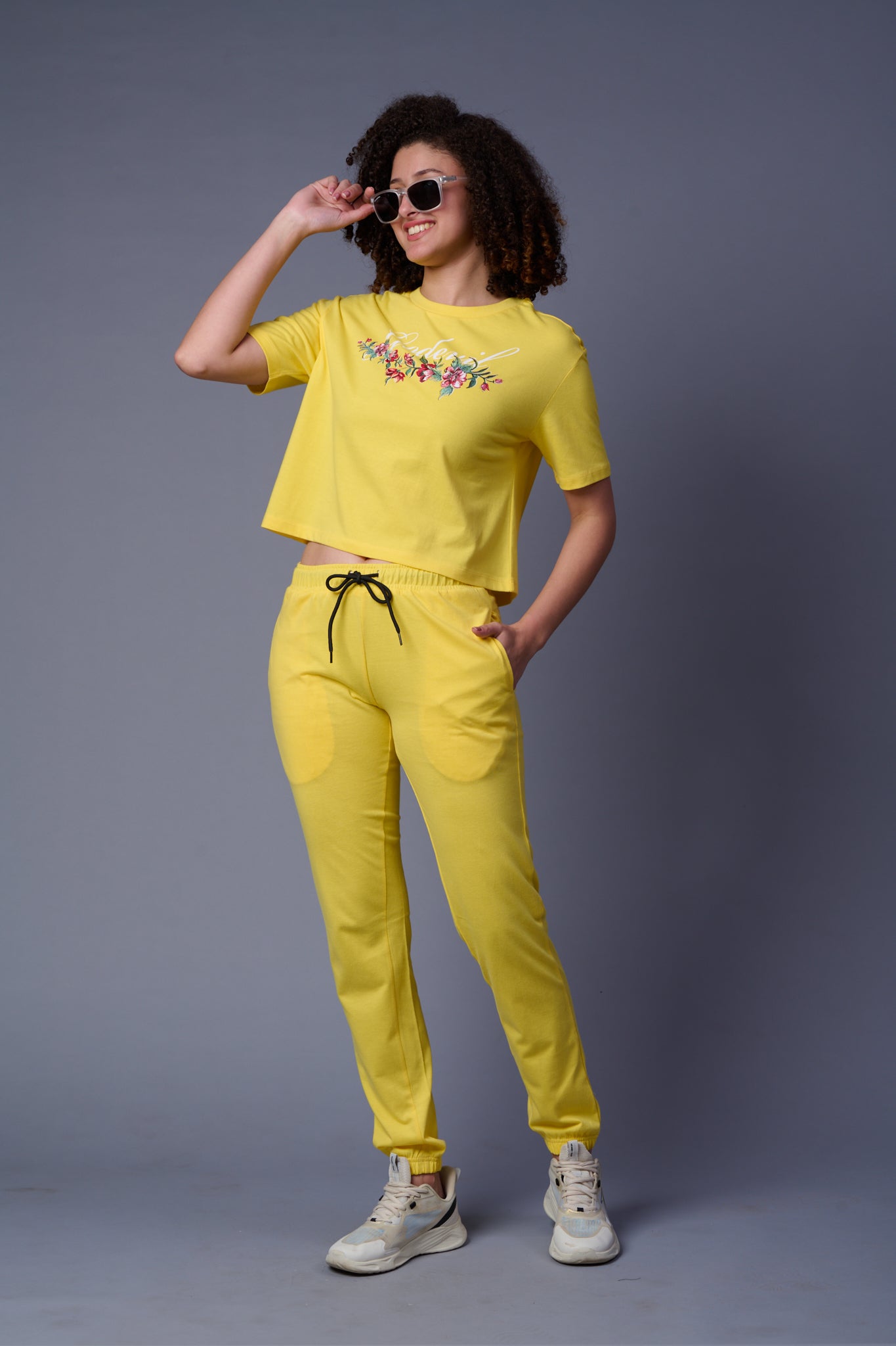 Flower Printed Lemon Yellow Full Size Co-ord Set for Women