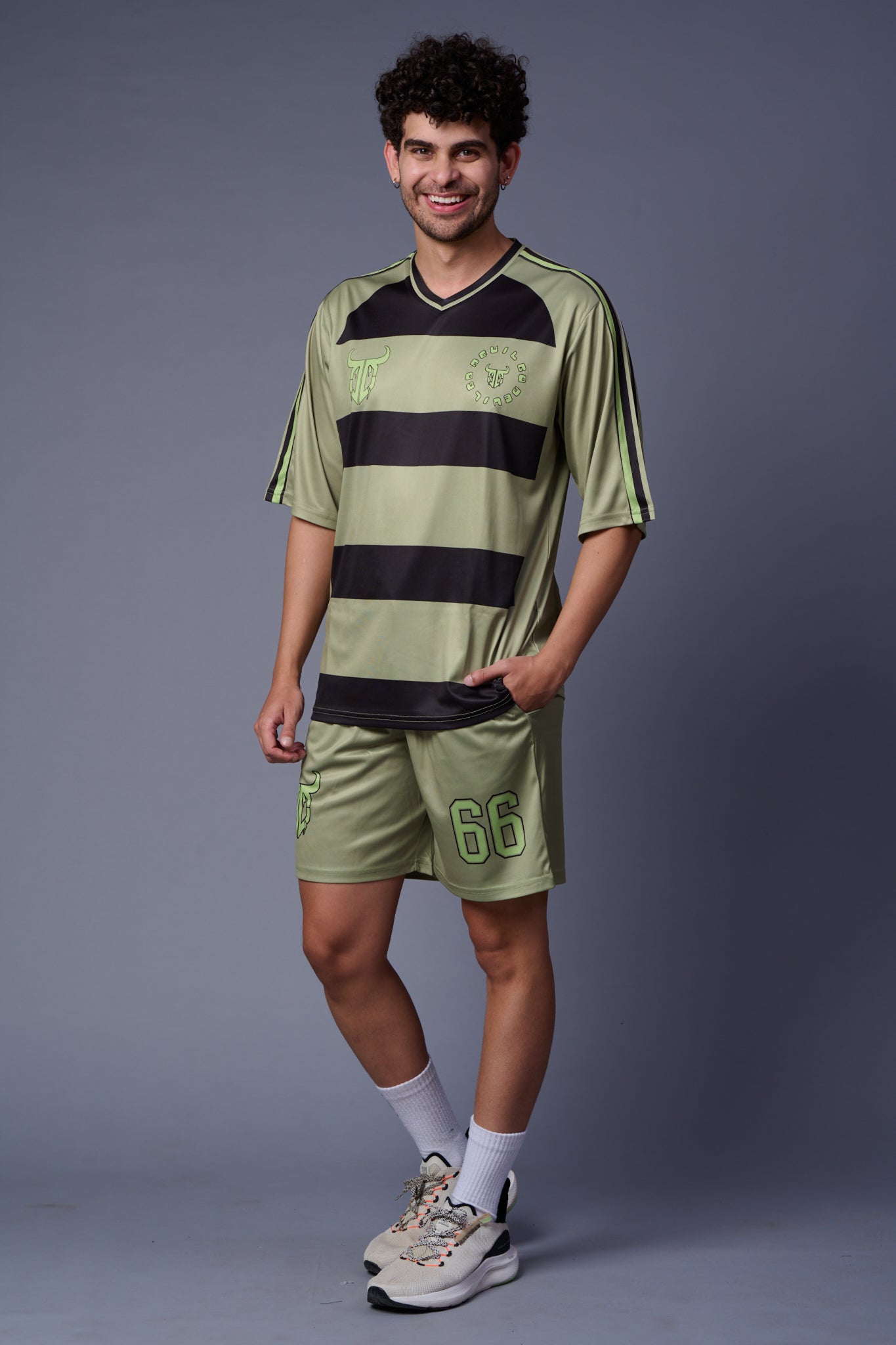 Stripes Printed Black and Green Co-ord Set for Men