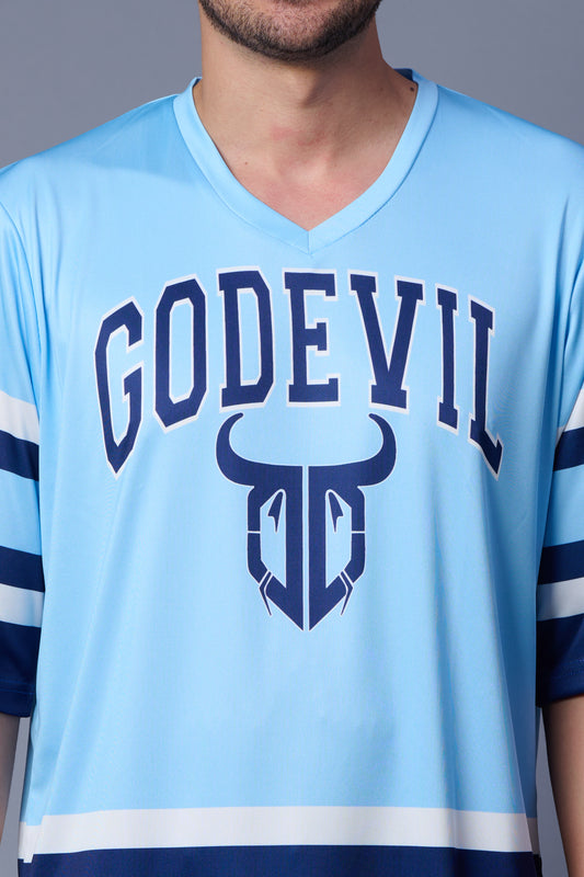 Go Devil Printed Light Blue Striped Oversized Jersey T-Shirt for Men