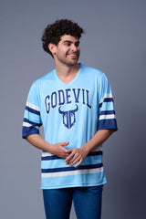 Go Devil Printed Light Blue Striped Oversized Jersey T-Shirt for Men