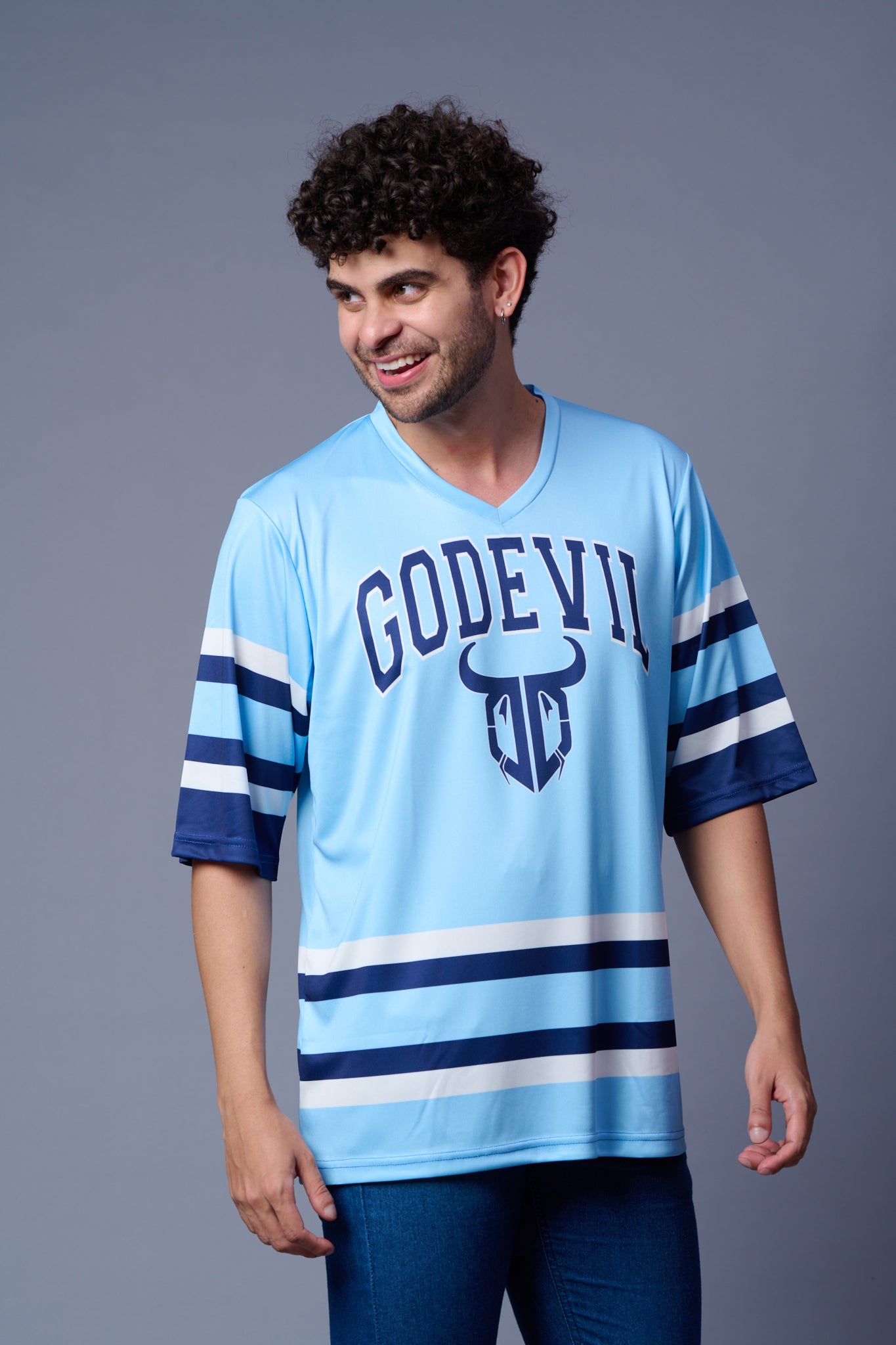 Go Devil Printed Light Blue Striped Oversized Jersey T-Shirt for Men