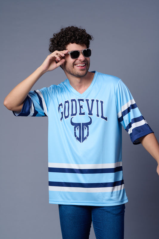 Go Devil Printed Light Blue Striped Oversized Jersey T-Shirt for Men