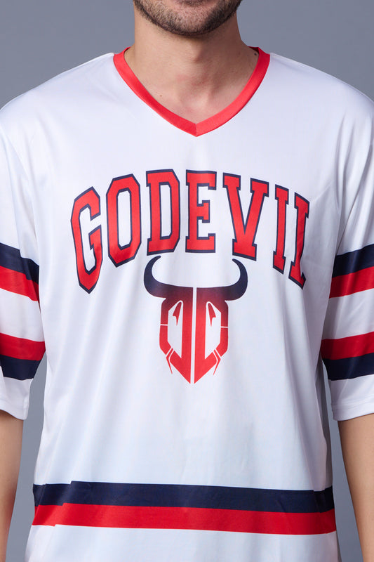 Stripes Printed White, Red and Navy Blue Oversized Jersey T-Shirt for Men
