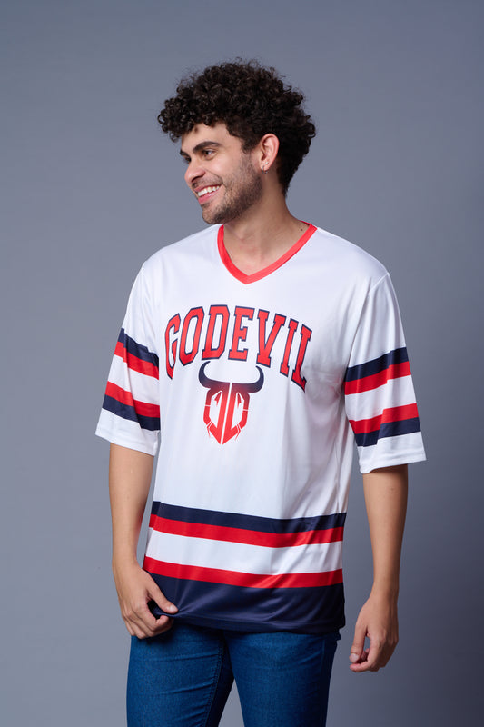 Stripes Printed White, Red and Navy Blue Oversized Jersey T-Shirt for Men