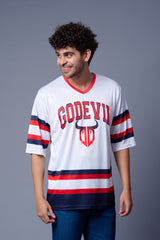 Stripes Printed White, Red and Navy Blue Oversized Jersey T-Shirt for Men