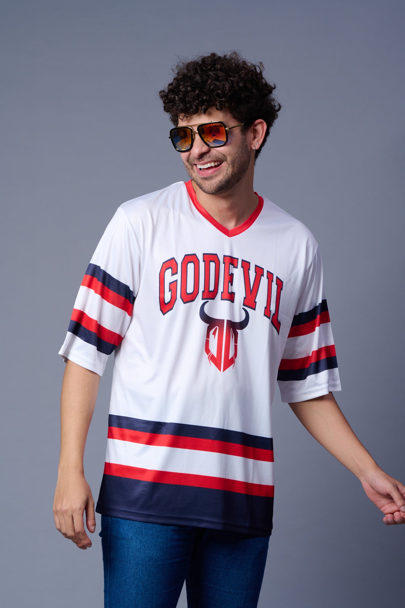 Stripes Printed White, Red and Navy Blue Oversized Jersey T-Shirt for Men