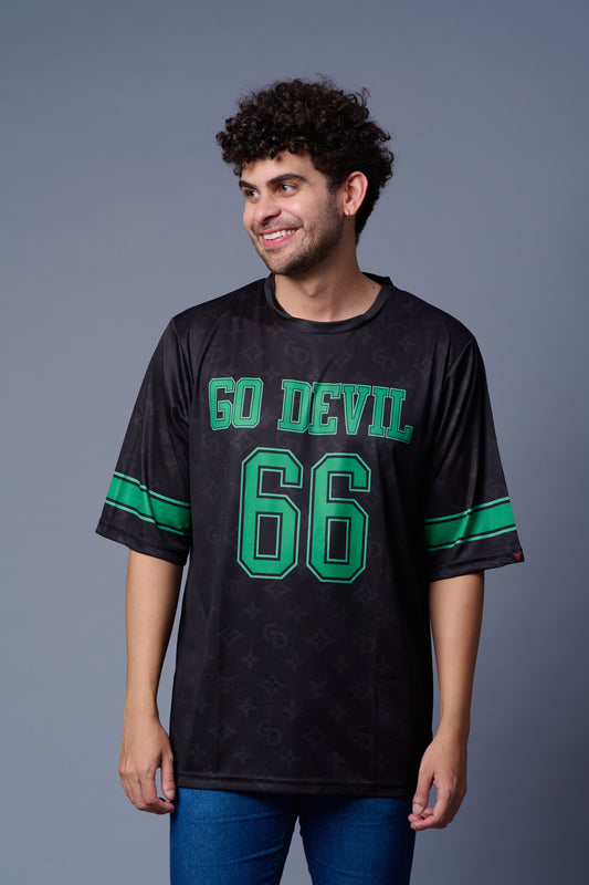 Go Devil 66 (In Green) Printed Black Jersey Oversized T-Shirt for Men