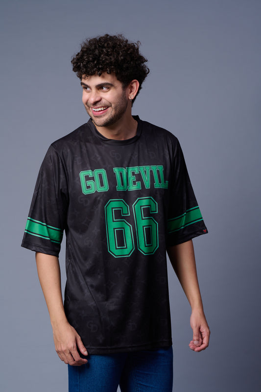 Go Devil 66 (In Green) Printed Black Jersey Oversized T-Shirt for Men
