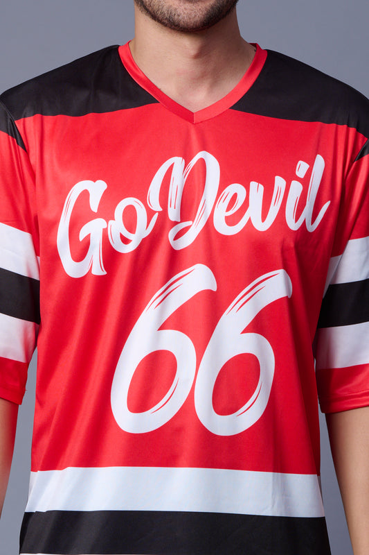 Go Devil 66 Striped (In White) Printed Red Oversized Jersey T-Shirt for Men