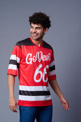 Go Devil 66 Striped (In White) Printed Red Oversized Jersey T-Shirt for Men