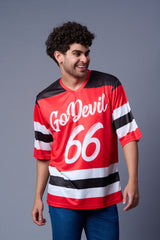 Go Devil 66 Striped (In White) Printed Red Oversized Jersey T-Shirt for Men
