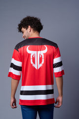 Go Devil 66 Striped (In White) Printed Red Oversized Jersey T-Shirt for Men