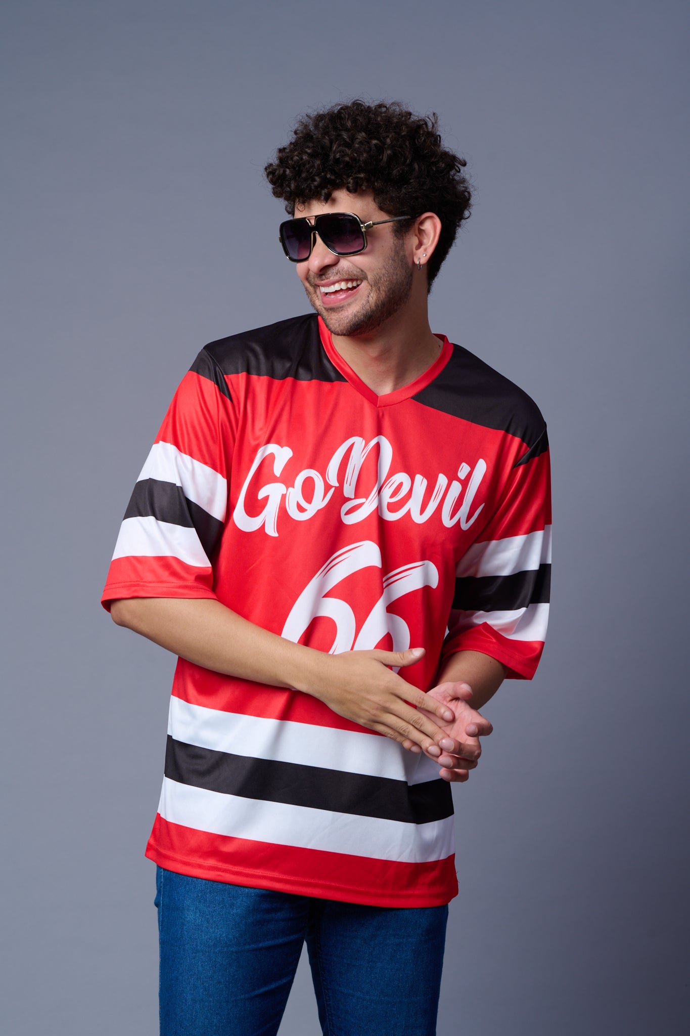 Go Devil 66 Striped (In White) Printed Red Oversized Jersey T-Shirt for Men