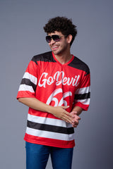 Go Devil 66 Striped (In White) Printed Red Oversized Jersey T-Shirt for Men