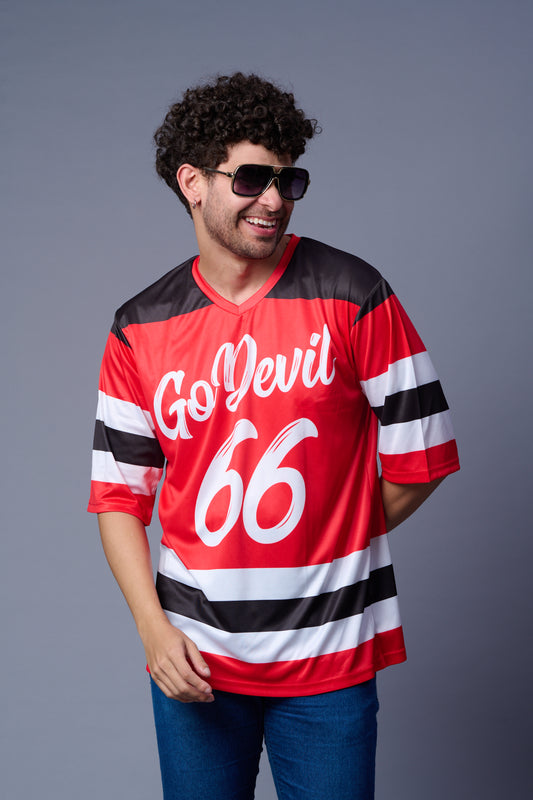 Go Devil 66 Striped (In White) Printed Red Oversized Jersey T-Shirt for Men