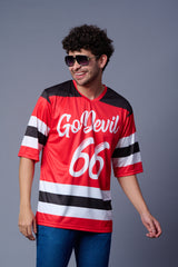 Go Devil 66 Striped (In White) Printed Red Oversized Jersey T-Shirt for Men