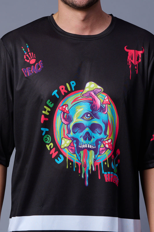 Skull With Enjoy The Trip Printed Black  Oversized  Jersey T-Shirt for Men
