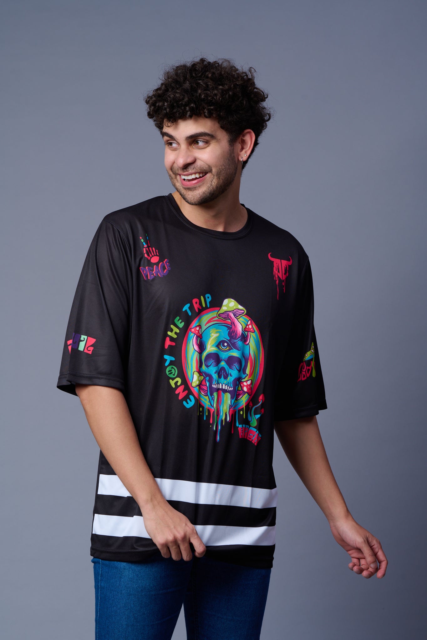 Skull With Enjoy The Trip Printed Black  Oversized  Jersey T-Shirt for Men