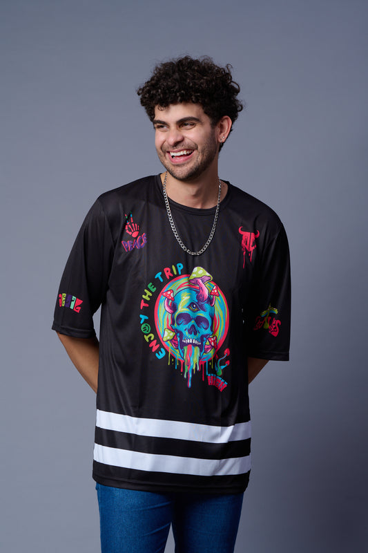 Skull With Enjoy The Trip Printed Black  Oversized  Jersey T-Shirt for Men