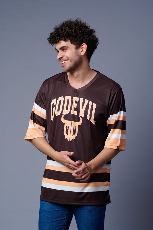 Go Devil In Ivory Printed Stripes Chocolate Oversized Jersey T-Shirt for Men
