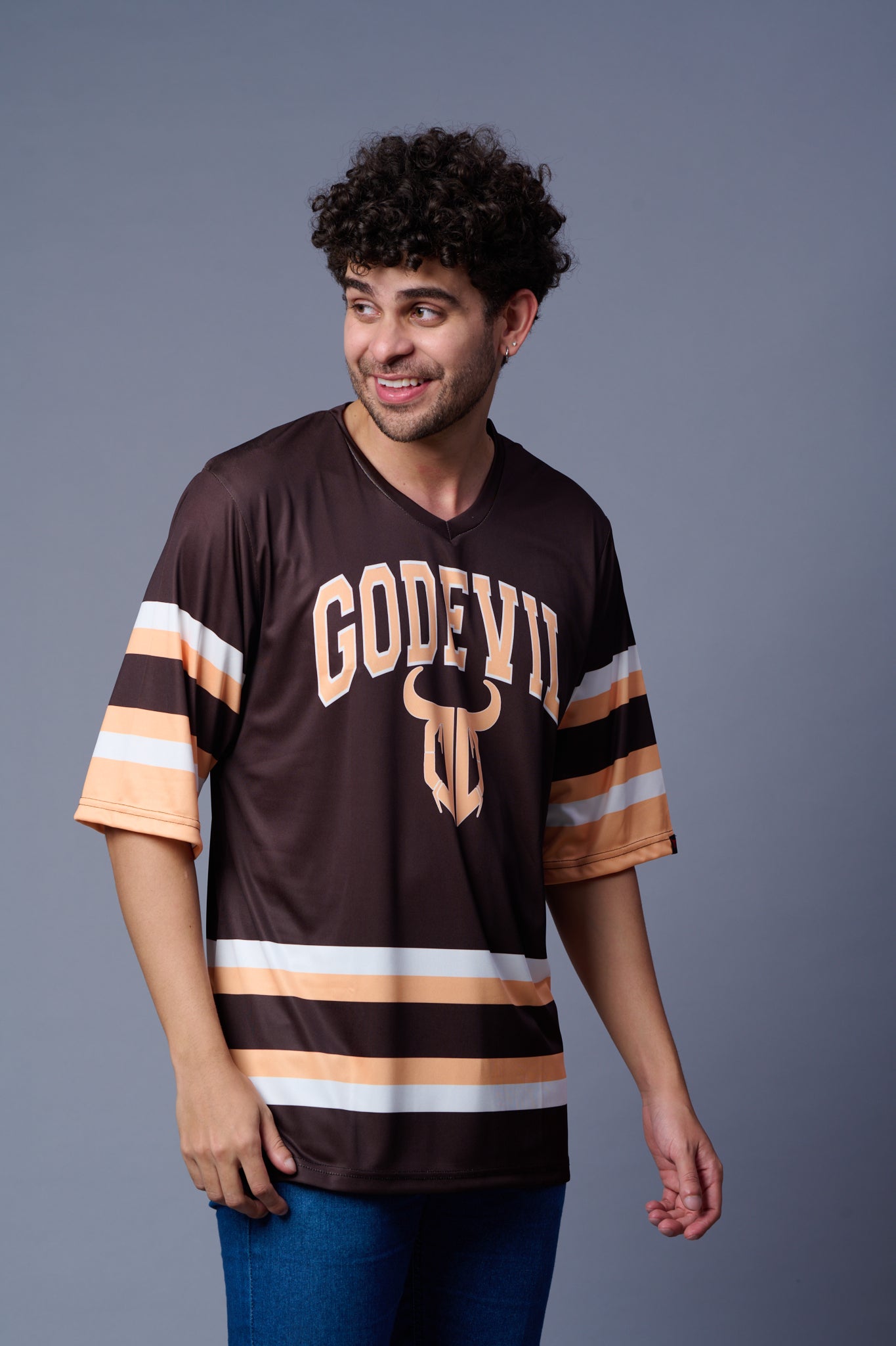 Go Devil In Ivory Printed Stripes Chocolate Oversized Jersey T-Shirt for Men